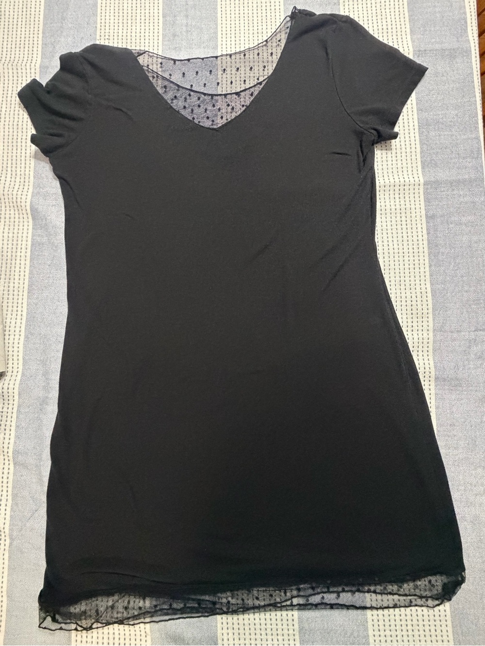 Tart Collections Black Short-Sleeve V-Neck Top with Dotted Mesh Trim